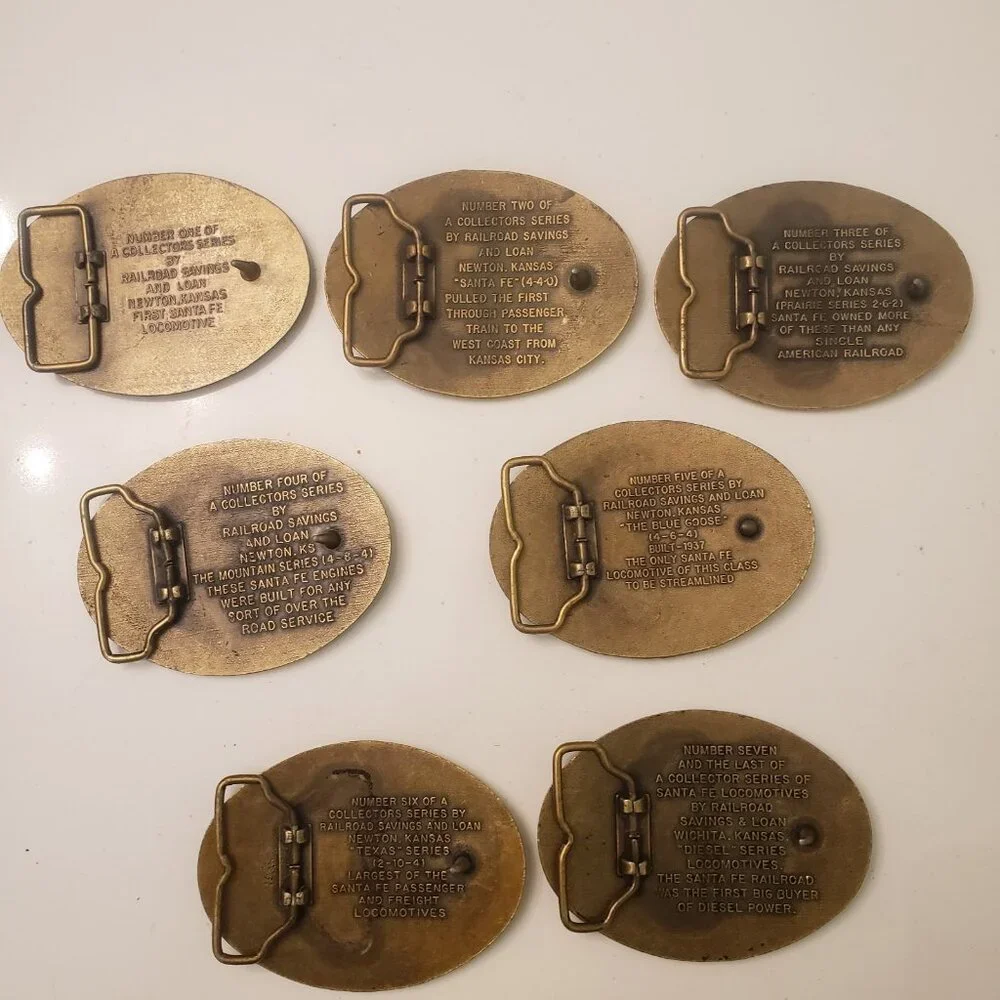 Railroad Savings and Loan Belt Buckle Complete Set 7 Newton Kansas Santa Fe‎